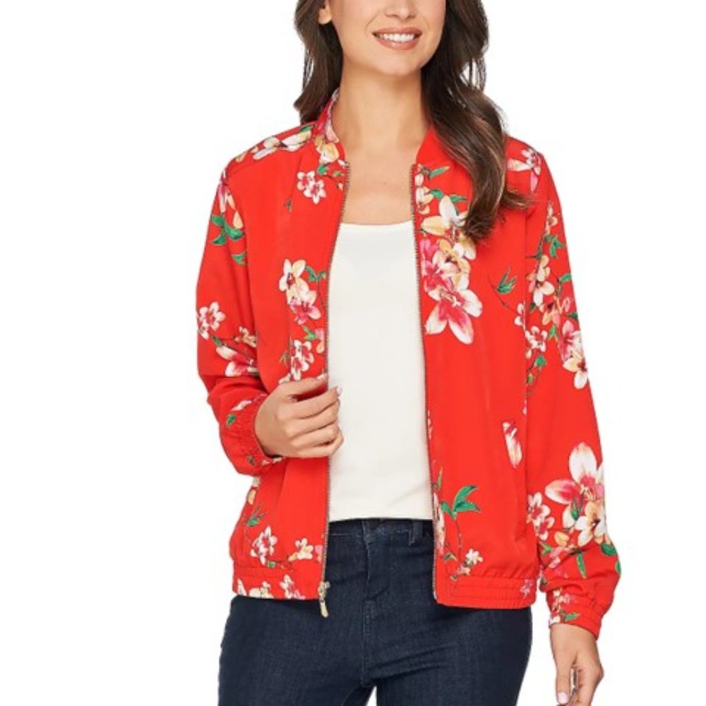 NWT Susan Graver Women XXS Floral Printed Peachskin Zip Front Bomber Jacket